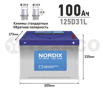 Аккумулятор NORDIX SMF125D31L 100 а/ч 830А