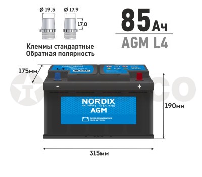Аккумулятор NORDIX AGM 80 а/ч 800А