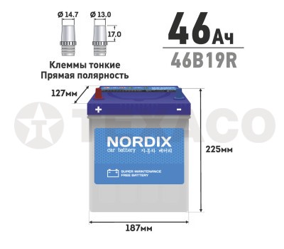 Аккумулятор NORDIX SMF46B19R 46 а/ч 370А