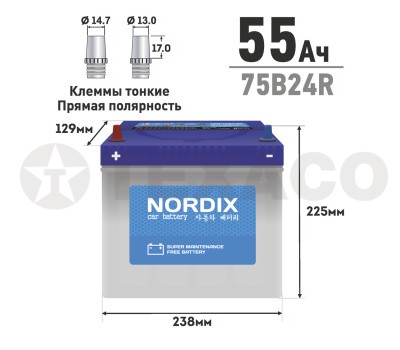 Аккумулятор NORDIX SMF75B24R 55 а/ч 520А